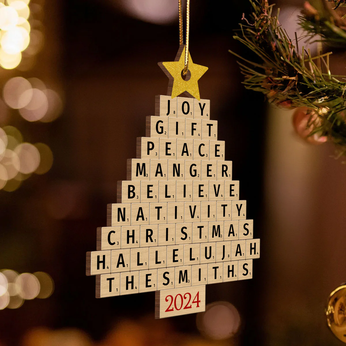 Joy Gift Peace Manger Scrabble Christmas Tree Personalized Wooden Ornament, Custom Family Name, Christmas Gift for Loved Ones - Image 3