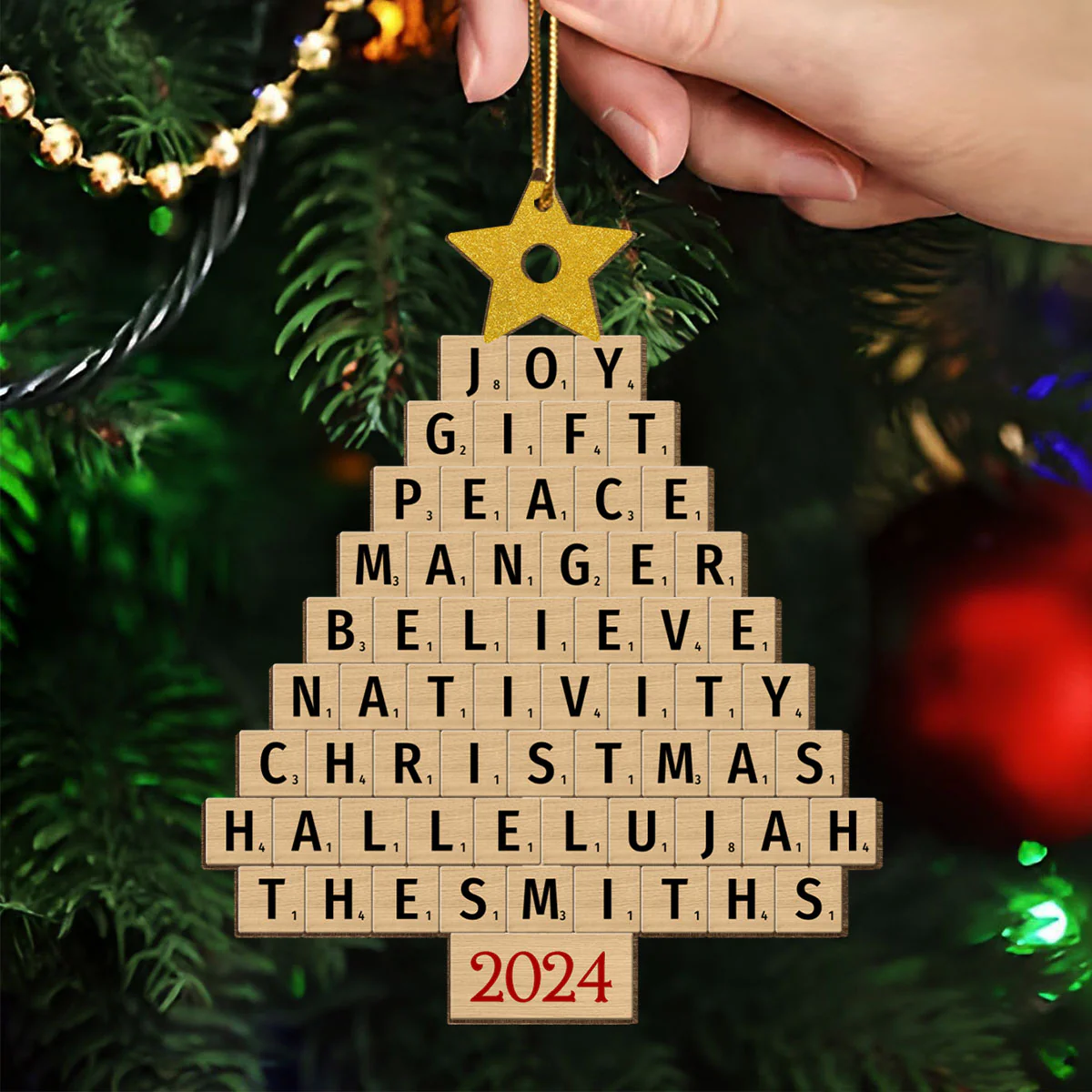 Joy Gift Peace Manger Scrabble Christmas Tree Personalized Wooden Ornament, Custom Family Name, Christmas Gift for Loved Ones - Image 4