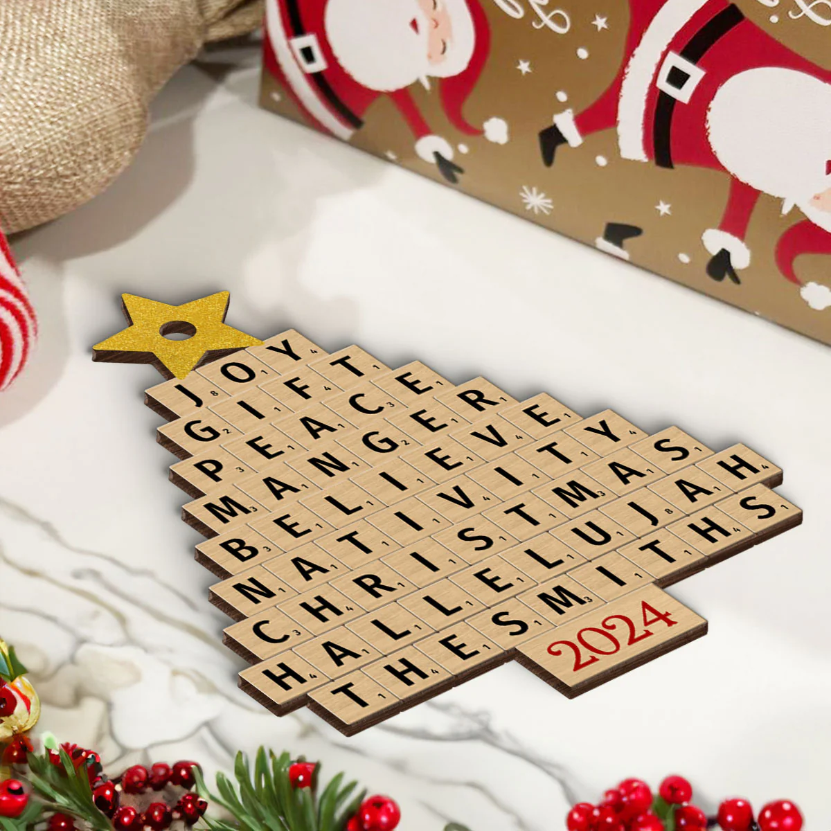 Joy Gift Peace Manger Scrabble Christmas Tree Personalized Wooden Ornament, Custom Family Name, Christmas Gift for Loved Ones - Image 5