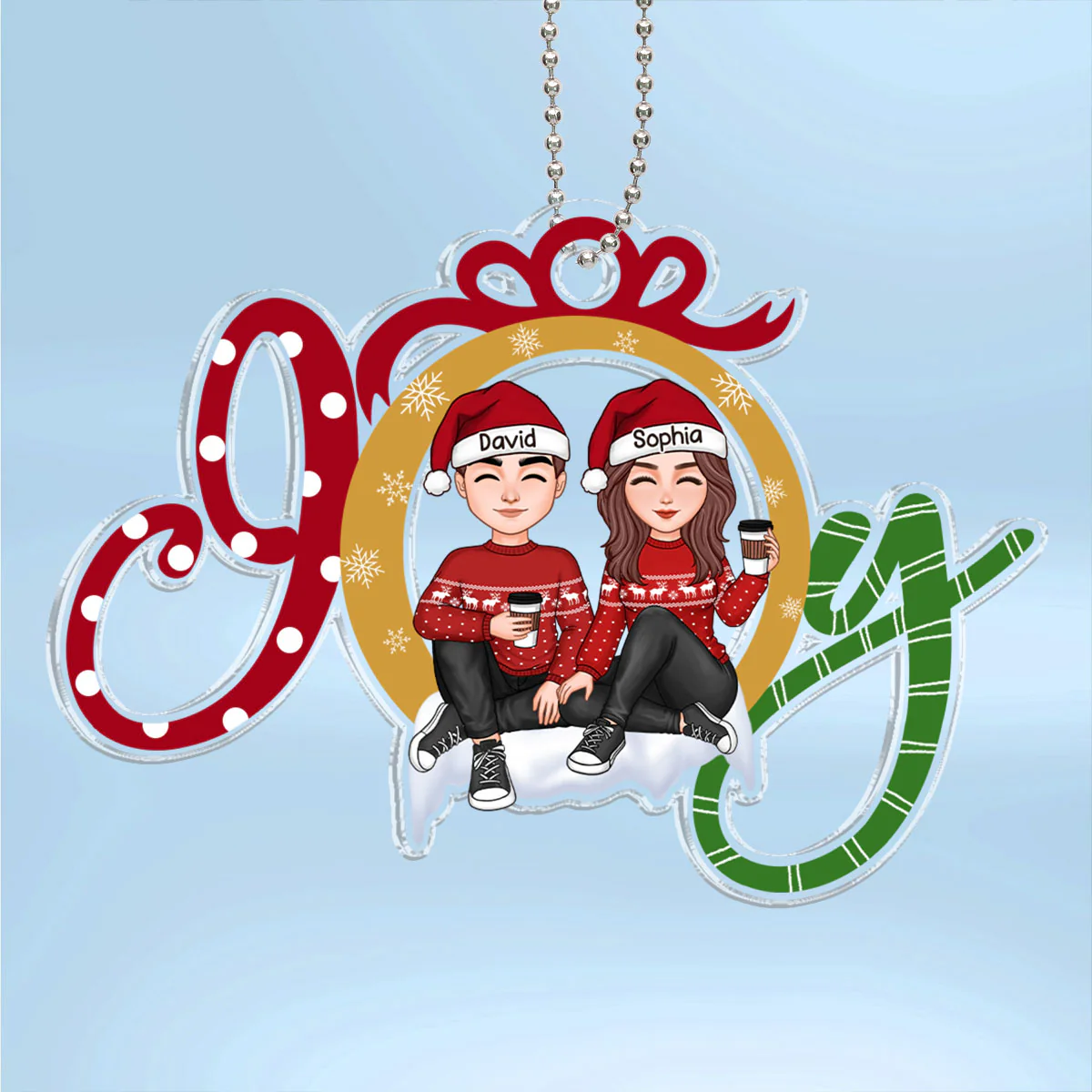 JOY Happy Christmas Couple Personalized Acrylic Ornament - Image 2
