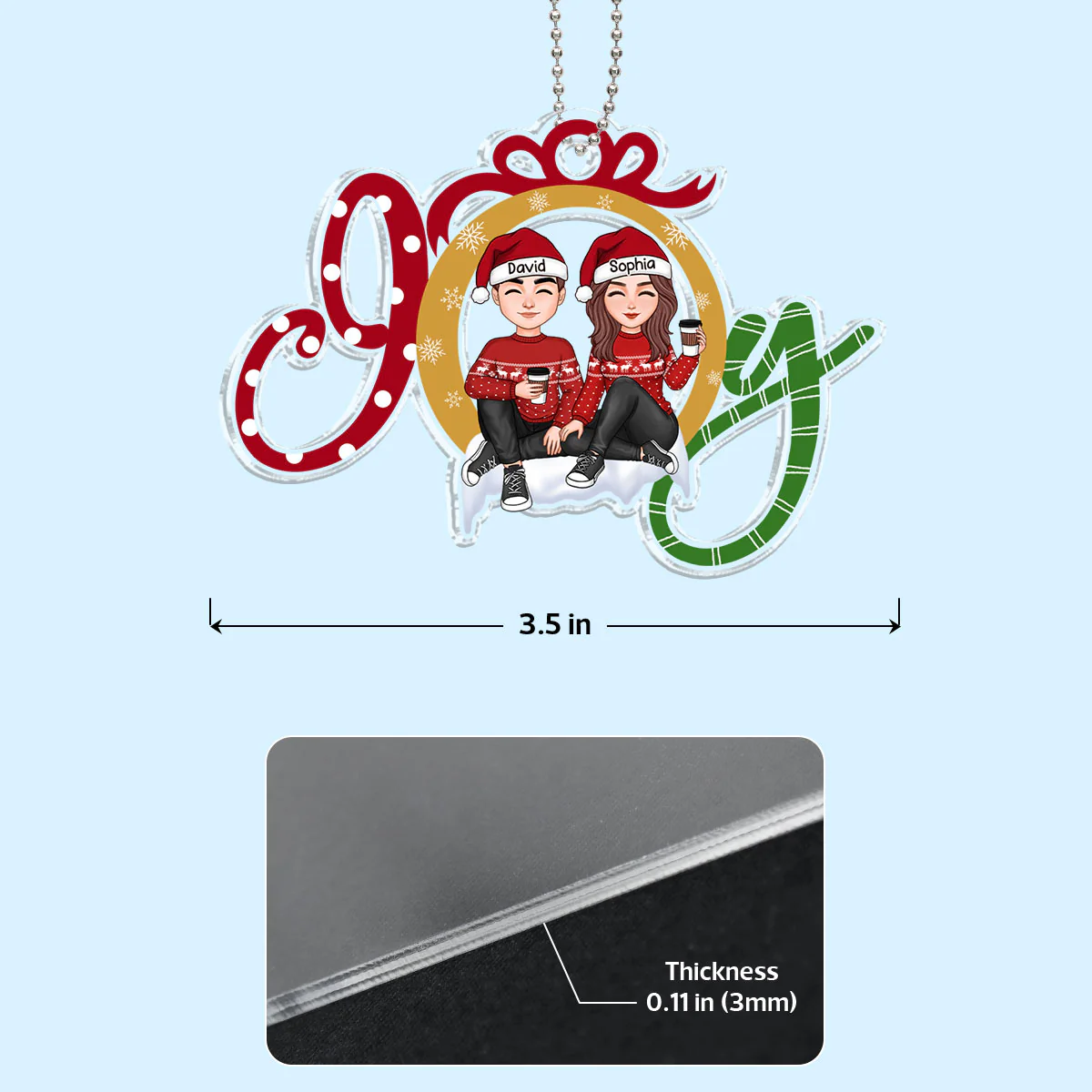 JOY Happy Christmas Couple Personalized Acrylic Ornament - Image 3