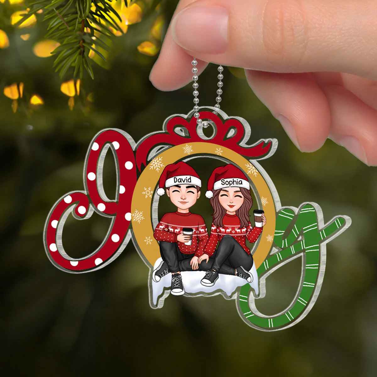 JOY Happy Christmas Couple Personalized Acrylic Ornament - Image 4