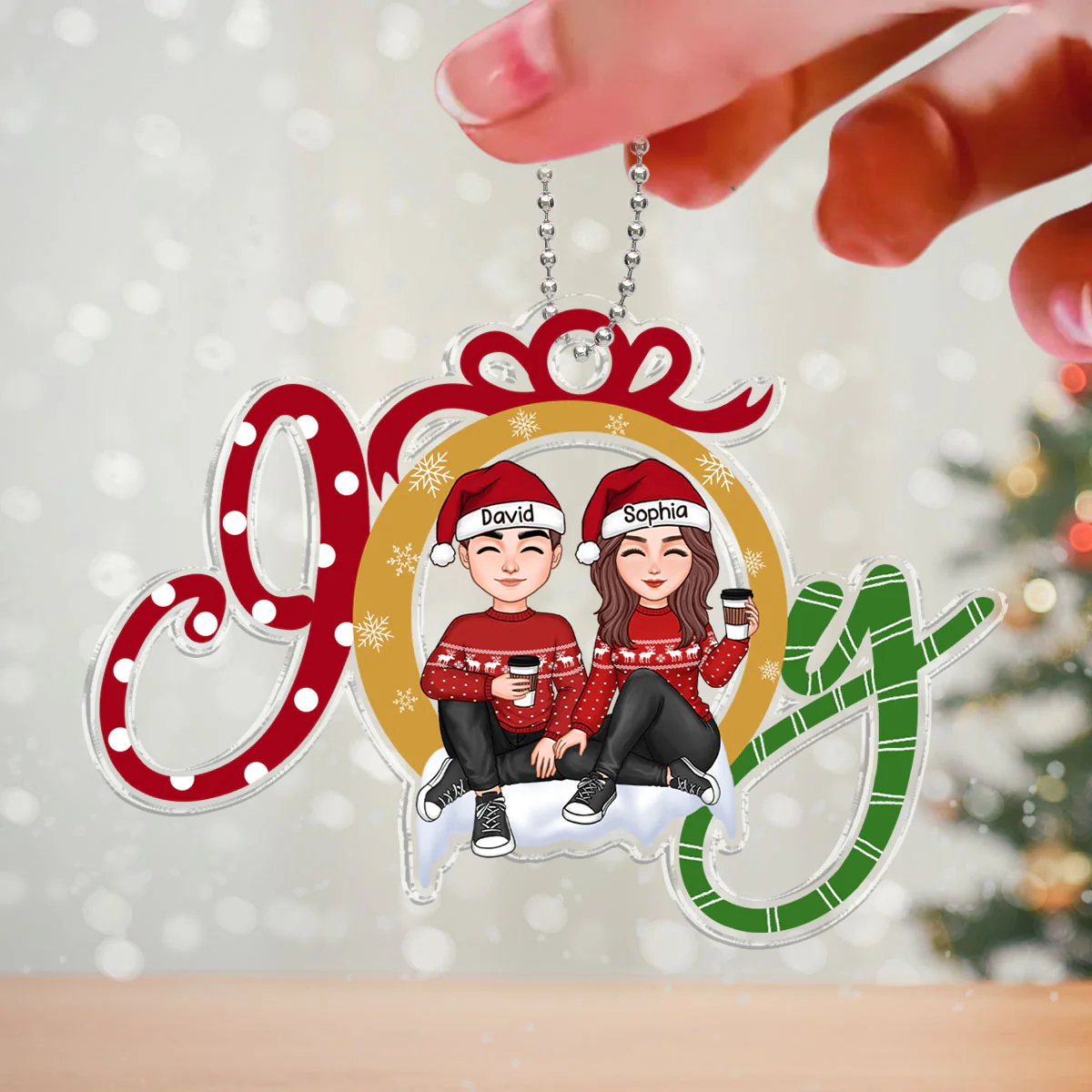 JOY Happy Christmas Couple Personalized Acrylic Ornament - Image 5