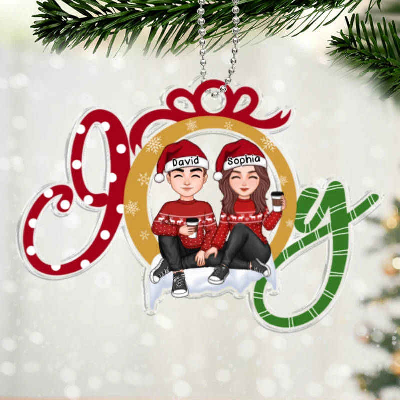 JOY Happy Christmas Couple Personalized Acrylic Ornament - Image 6