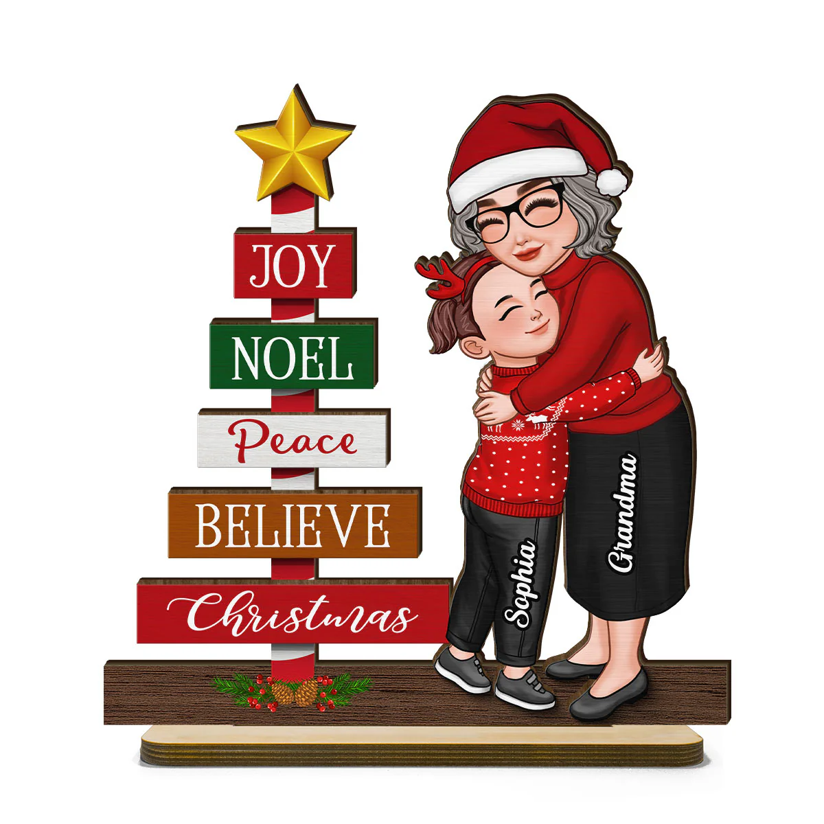 Joy Peace Believe Christmas Gift For Granddaughter Grandson Personalized 2-Layer Standing Wooden Plaque - Image 2