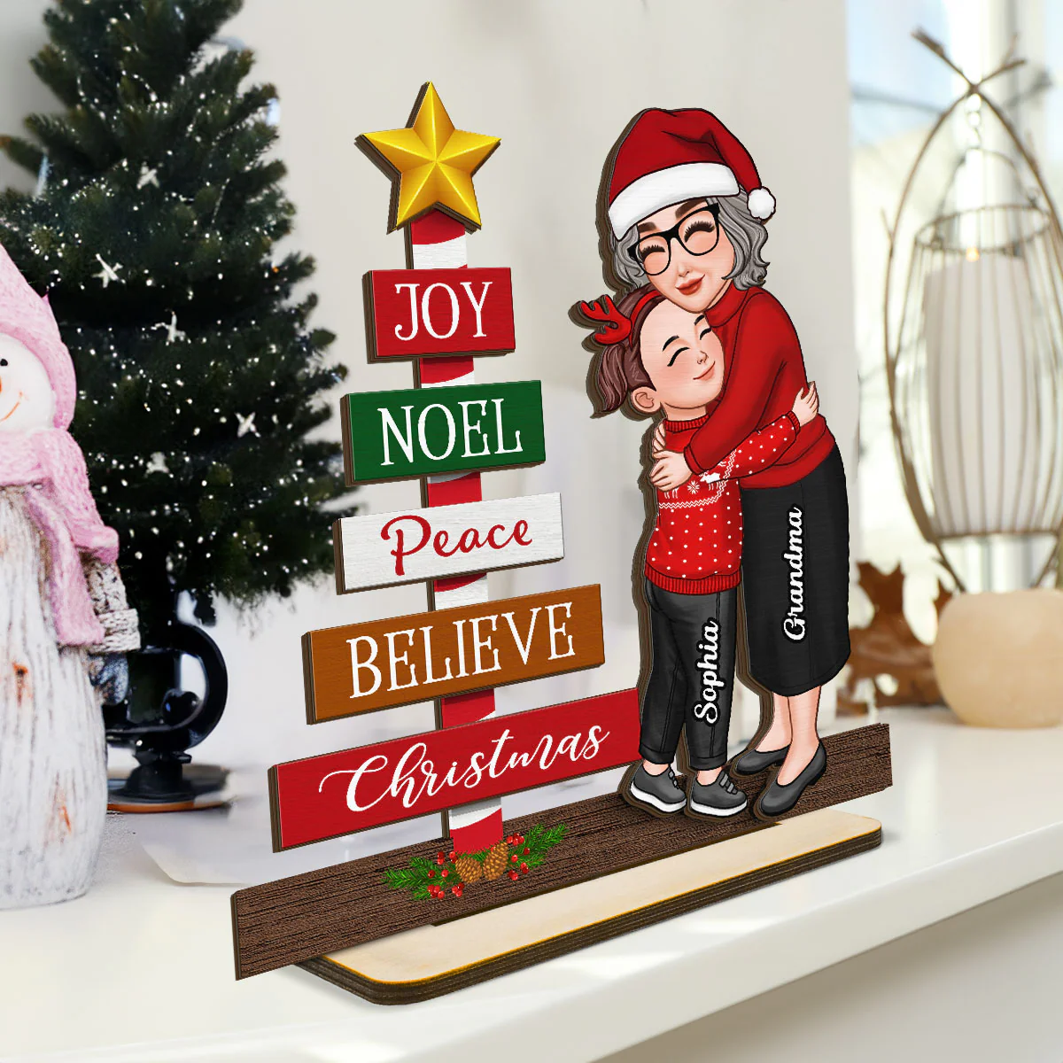 Joy Peace Believe Christmas Gift For Granddaughter Grandson Personalized 2-Layer Standing Wooden Plaque - Image 3