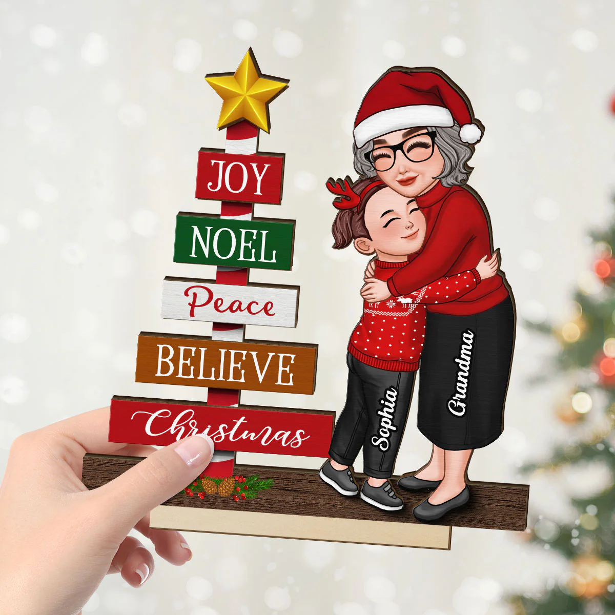 Joy Peace Believe Christmas Gift For Granddaughter Grandson Personalized 2-Layer Standing Wooden Plaque - Image 4
