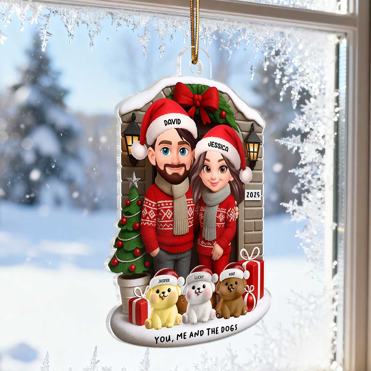 Joyful Couple And Dogs Cats Christmas - Personalized Acrylic Ornament - Image 5