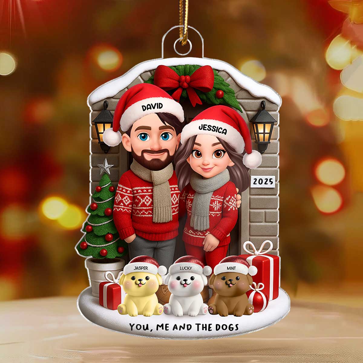Joyful Couple And Dogs Cats Christmas - Personalized Acrylic Ornament - Image 9