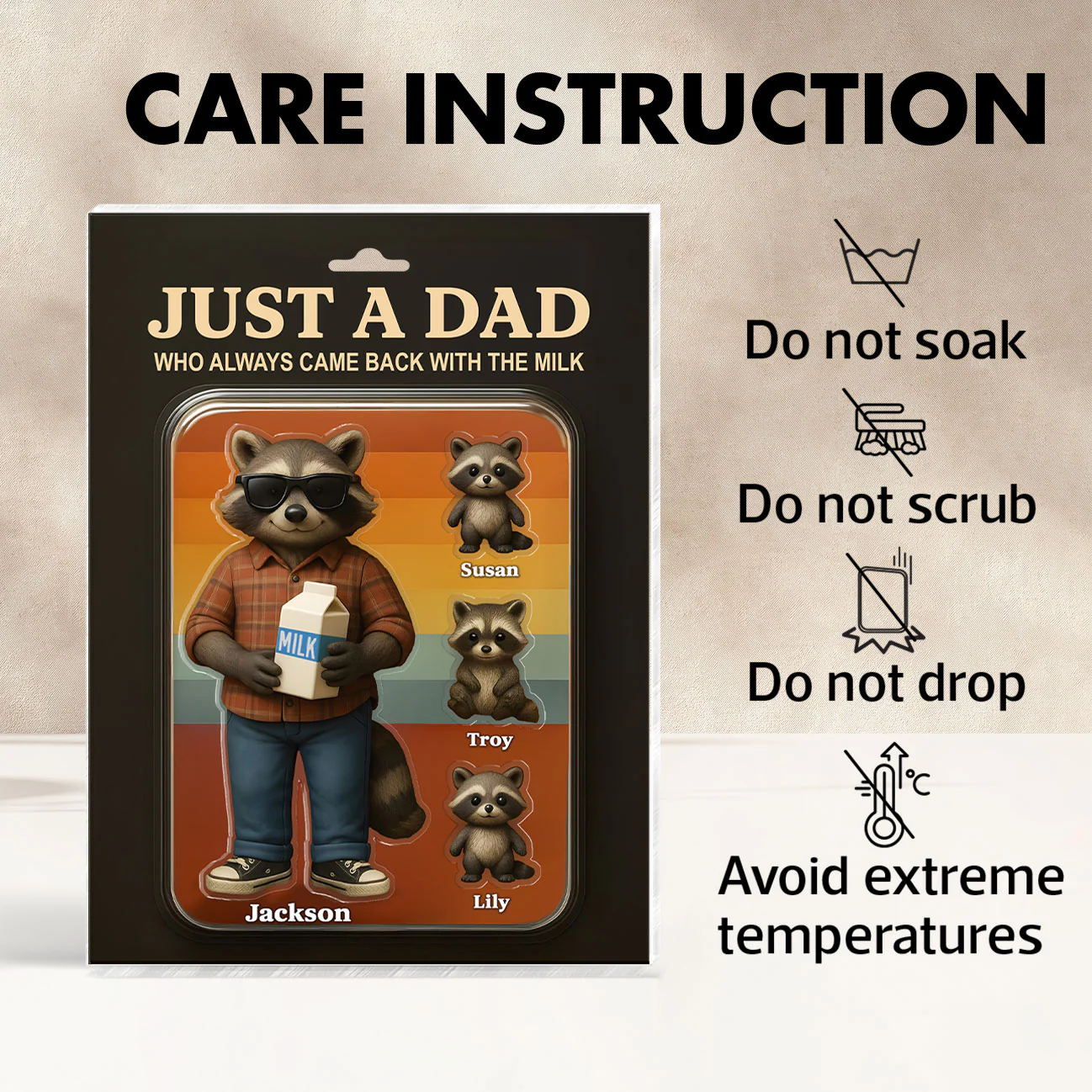 Just A Dad Always Came With Milk Funny Raccoon Dad Figure Personalized Acrylic Block - Image 7