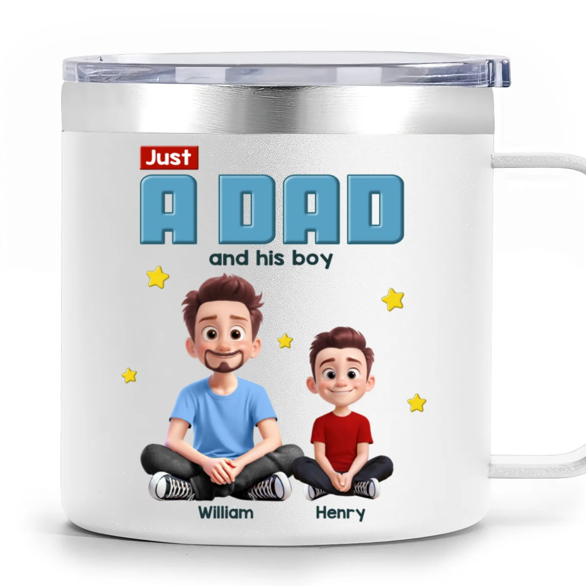 Just A Dad And His Kids Cartoon Funny Style Personalized Stainless Steel Tumbler With Handle, Gift For Dad - Image 10