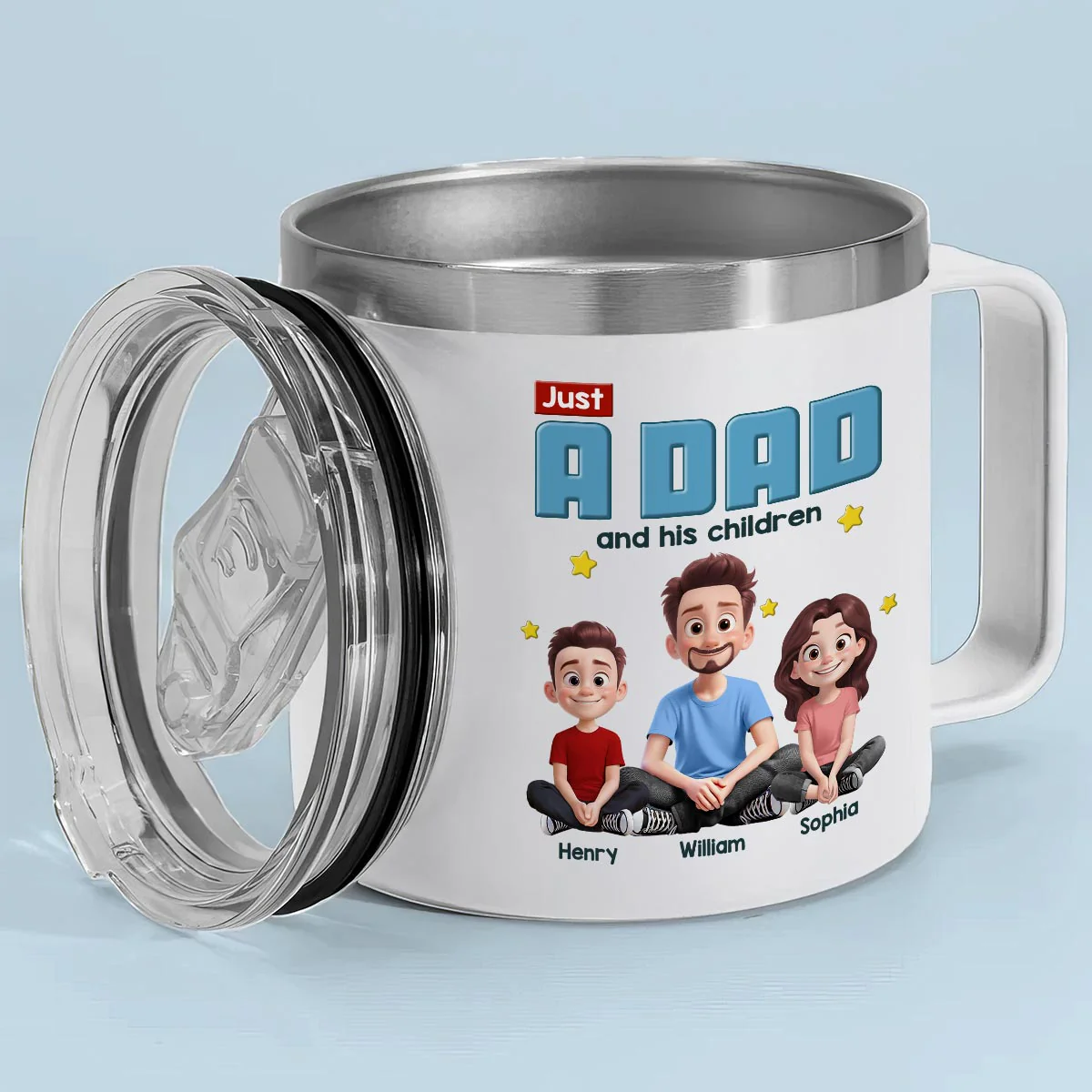 Just A Dad And His Kids Cartoon Funny Style Personalized Stainless Steel Tumbler With Handle, Gift For Dad - Image 3