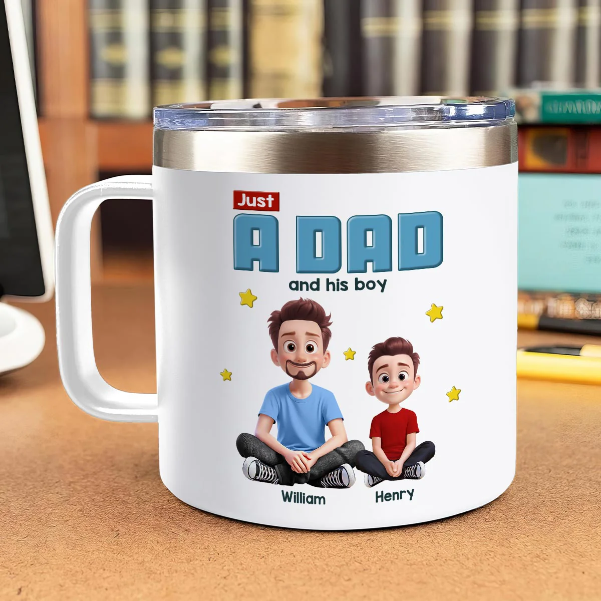 Just A Dad And His Kids Cartoon Funny Style Personalized Stainless Steel Tumbler With Handle, Gift For Dad - Image 4