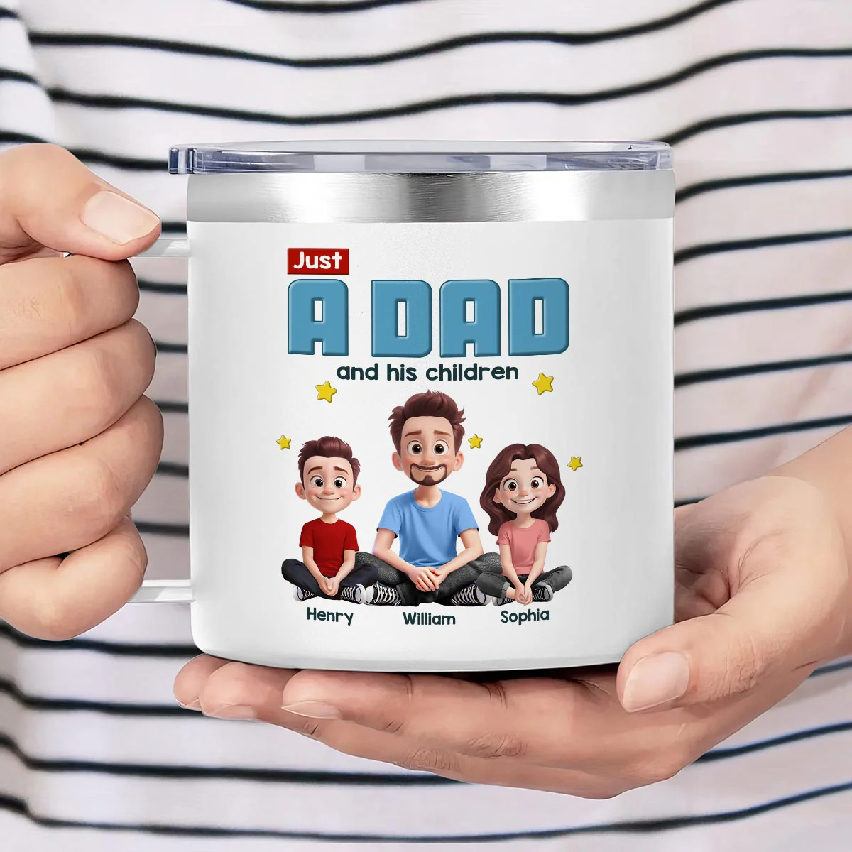 Just A Dad And His Kids Cartoon Funny Style Personalized Stainless Steel Tumbler With Handle, Gift For Dad - Image 5