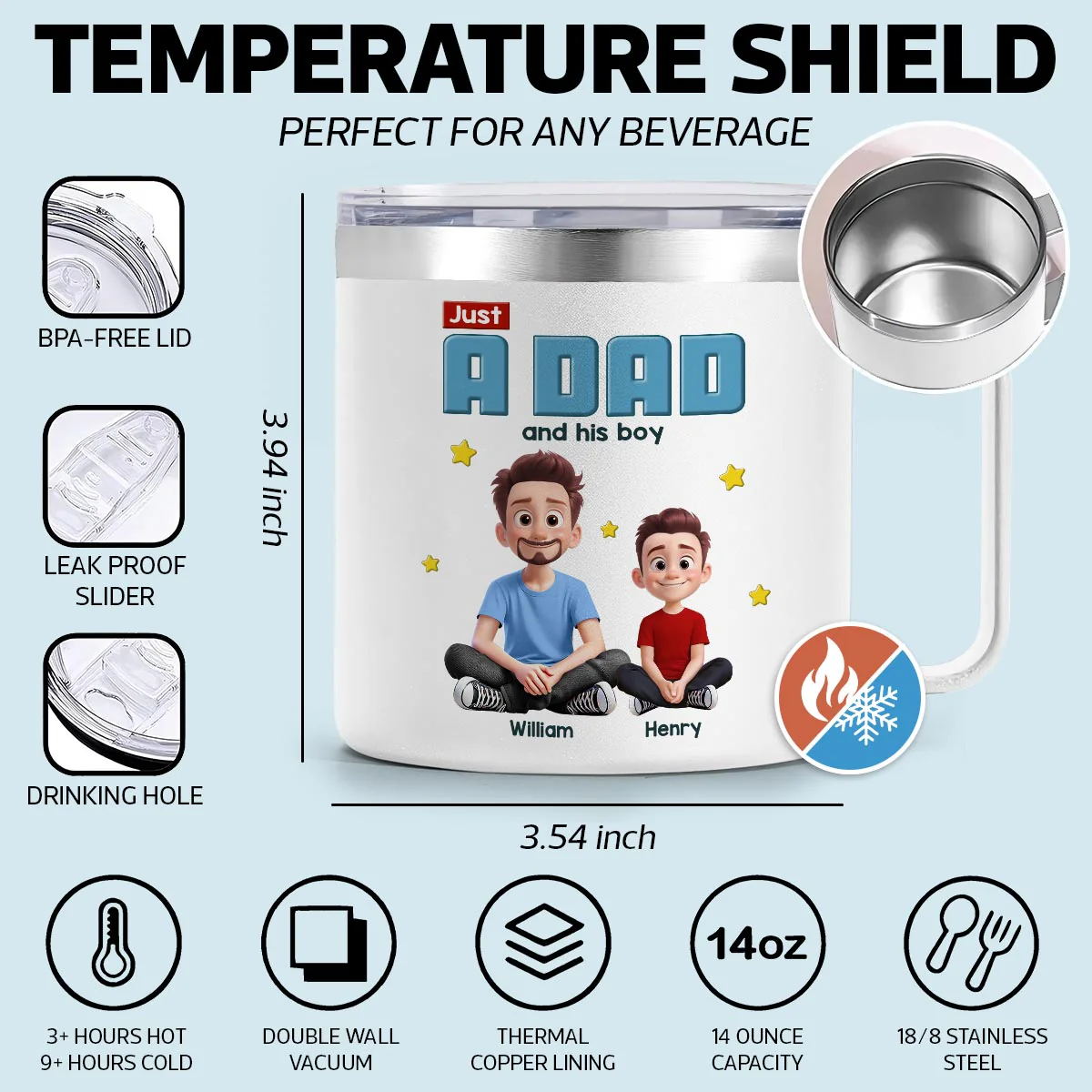 Just A Dad And His Kids Cartoon Funny Style Personalized Stainless Steel Tumbler With Handle, Gift For Dad - Image 6