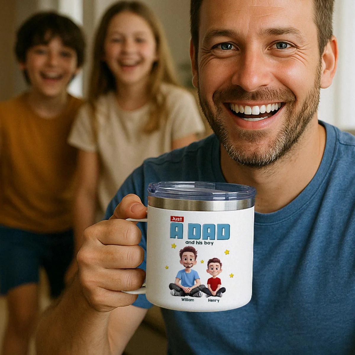 Just A Dad And His Kids Cartoon Funny Style Personalized Stainless Steel Tumbler With Handle, Gift For Dad - Image 7