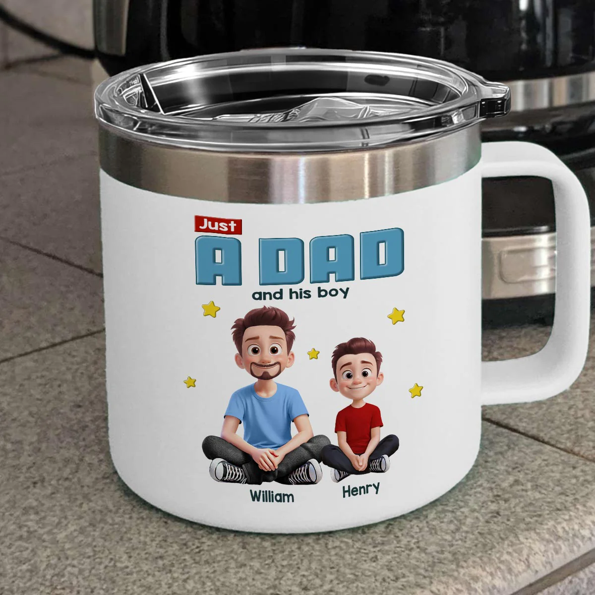 Just A Dad And His Kids Cartoon Funny Style Personalized Stainless Steel Tumbler With Handle, Gift For Dad - Image 8