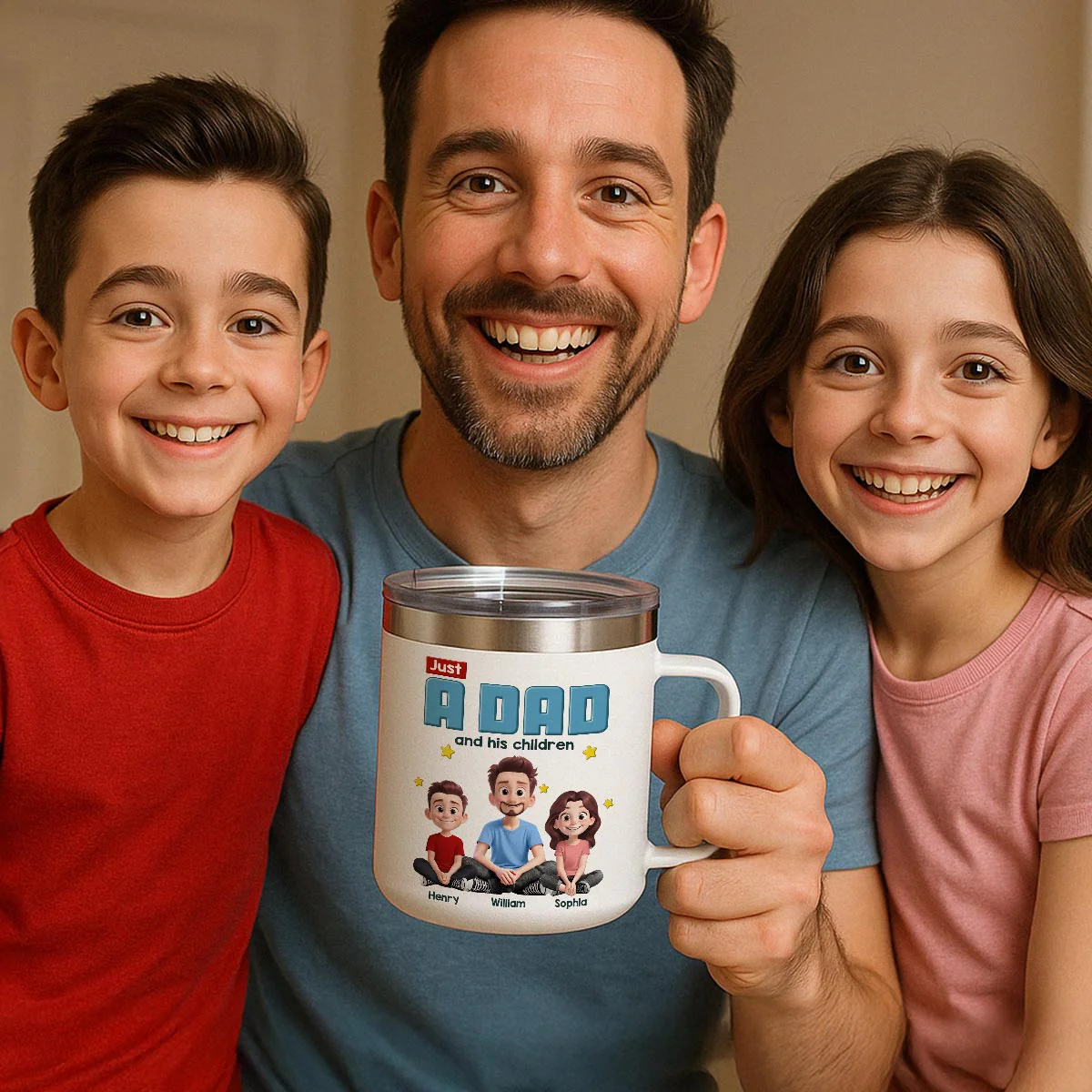 Just A Dad And His Kids Cartoon Funny Style Personalized Stainless Steel Tumbler With Handle, Gift For Dad - Image 9
