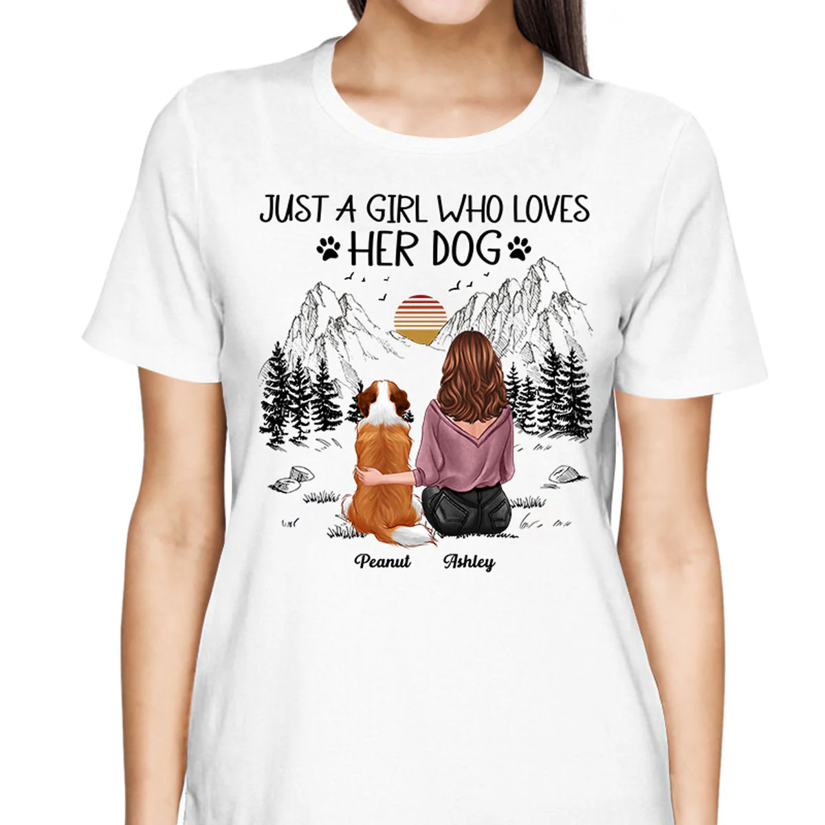 Just A Girl Loves Dogs Mountain Sketch Personalized Shirt - Image 2