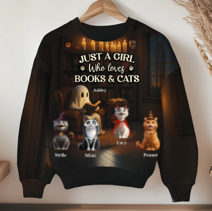 Just a Girl Who Loves Books and Cats Halloween Personalized Sweatshirt, Cozy Fall Sweatshirt for Cat Moms - Image 12