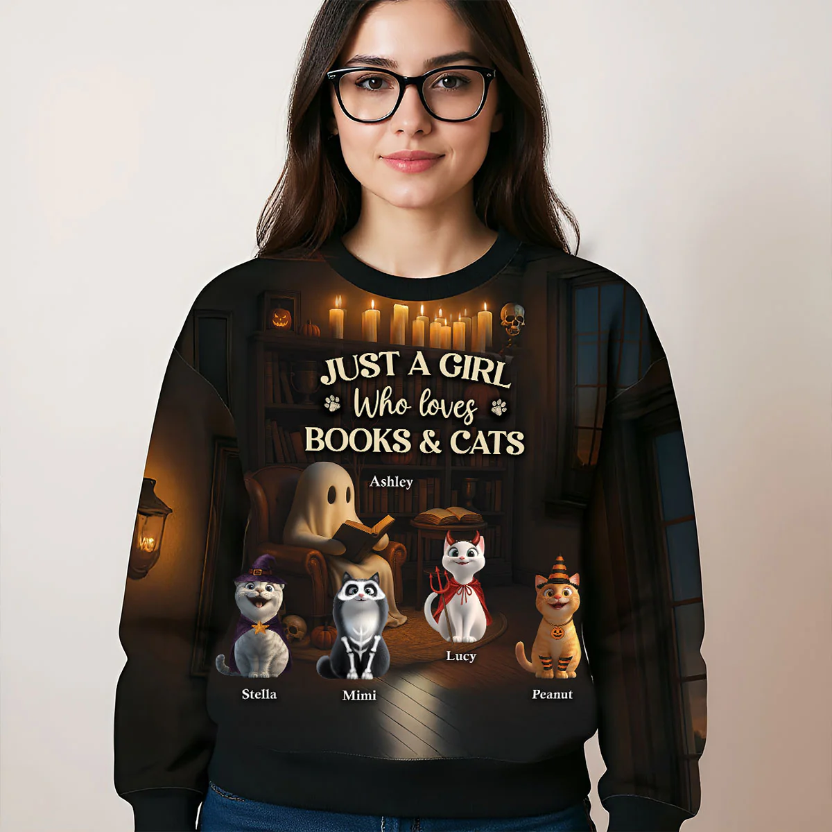 Just a Girl Who Loves Books and Cats Halloween Personalized Sweatshirt, Cozy Fall Sweatshirt for Cat Moms - Image 5