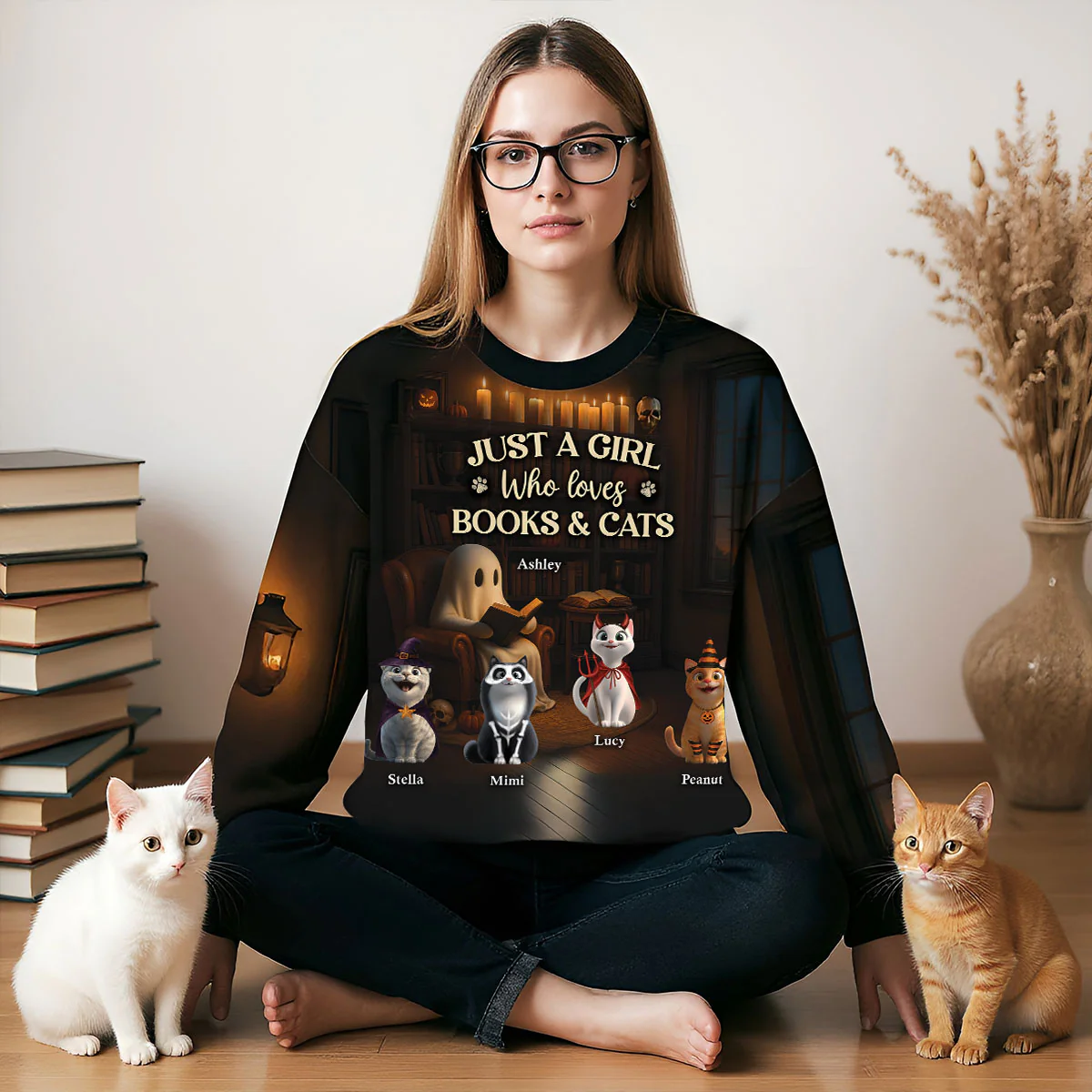 Just a Girl Who Loves Books and Cats Halloween Personalized Sweatshirt, Cozy Fall Sweatshirt for Cat Moms - Image 6