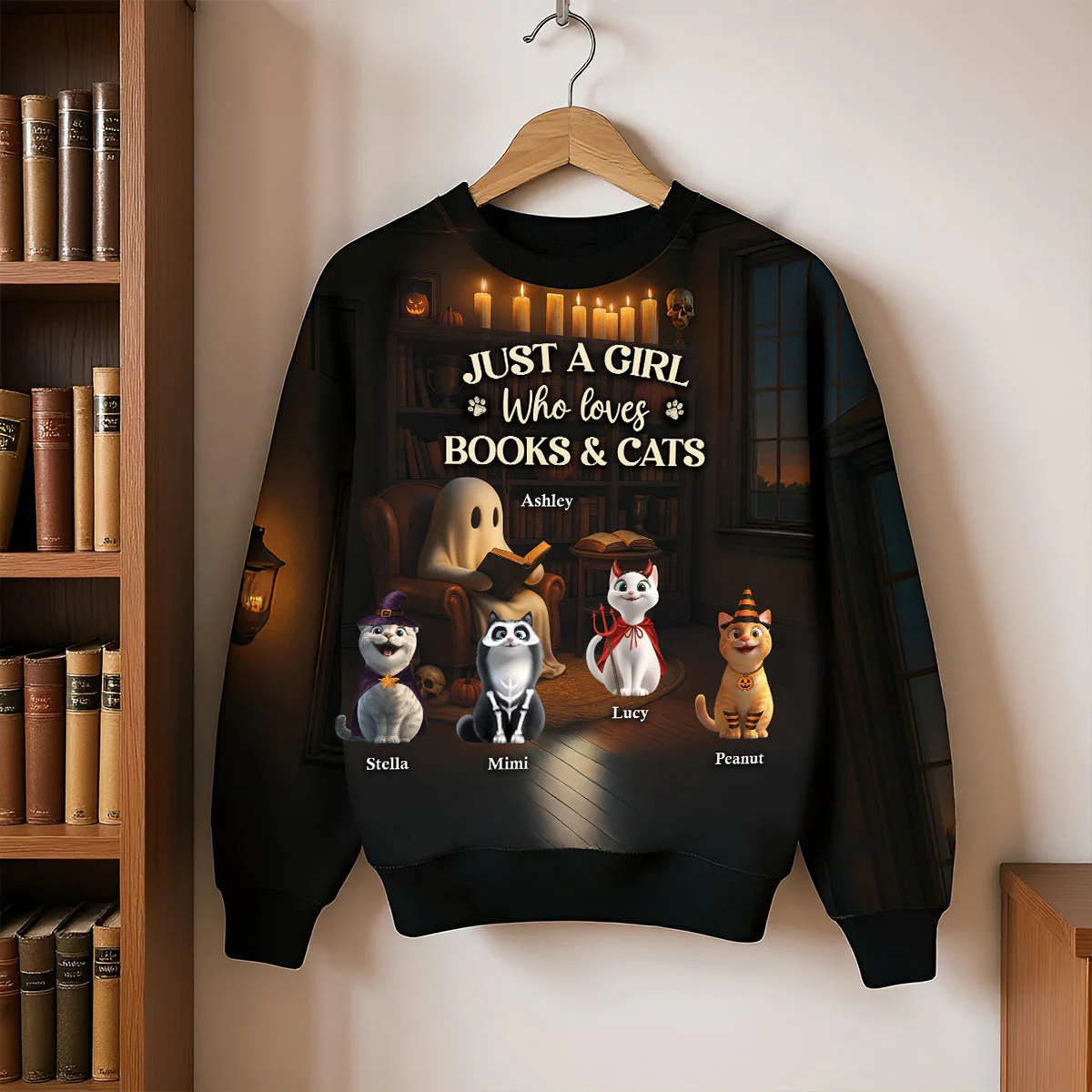 Just a Girl Who Loves Books and Cats Halloween Personalized Sweatshirt, Cozy Fall Sweatshirt for Cat Moms - Image 8