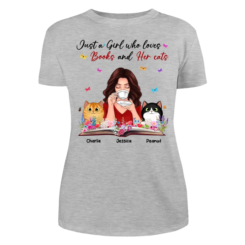 Just A Girl Who Loves Books And Her Cat Coffee Girl With Flowers And Peeking Fluffy Cat Personalized Shirt - Image 10