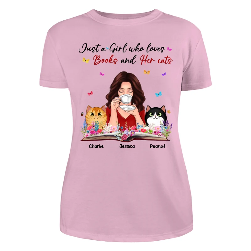 Just A Girl Who Loves Books And Her Cat Coffee Girl With Flowers And Peeking Fluffy Cat Personalized Shirt - Image 11