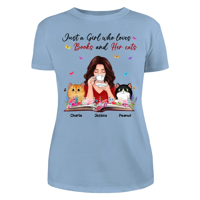Just A Girl Who Loves Books And Her Cat Coffee Girl With Flowers And Peeking Fluffy Cat Personalized Shirt - Image 12