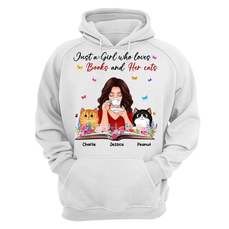 Just A Girl Who Loves Books And Her Cat Coffee Girl With Flowers And Peeking Fluffy Cat Personalized Shirt - Image 13