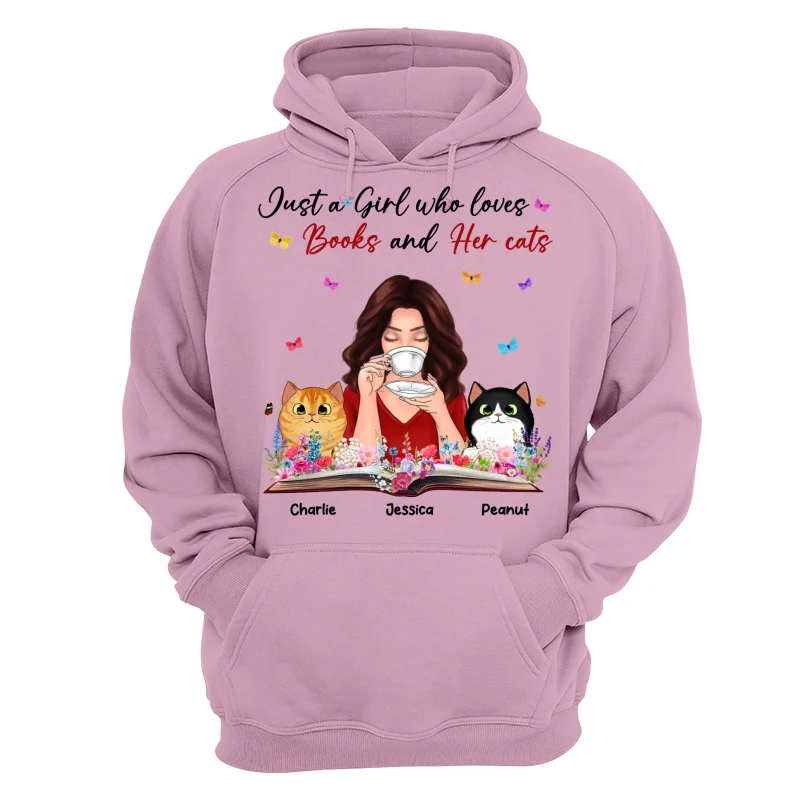 Just A Girl Who Loves Books And Her Cat Coffee Girl With Flowers And Peeking Fluffy Cat Personalized Shirt - Image 15