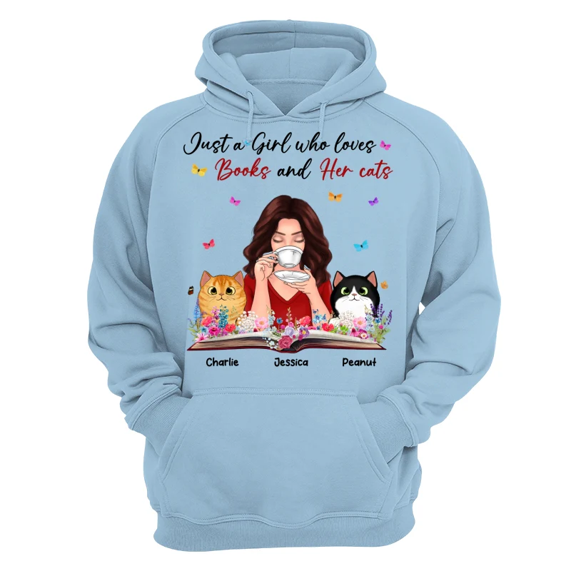 Just A Girl Who Loves Books And Her Cat Coffee Girl With Flowers And Peeking Fluffy Cat Personalized Shirt - Image 16