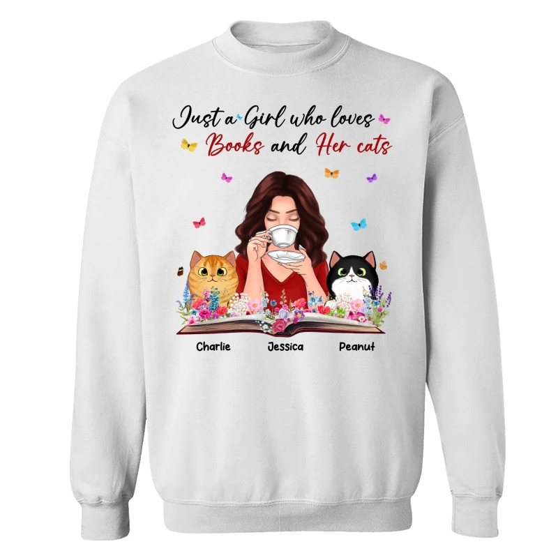 Just A Girl Who Loves Books And Her Cat Coffee Girl With Flowers And Peeking Fluffy Cat Personalized Shirt - Image 17