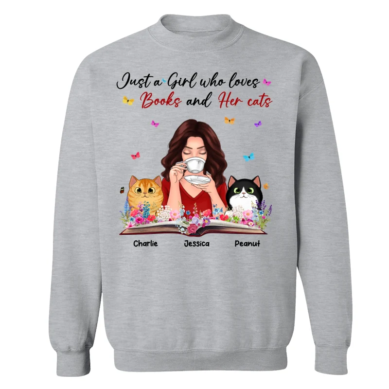 Just A Girl Who Loves Books And Her Cat Coffee Girl With Flowers And Peeking Fluffy Cat Personalized Shirt - Image 18