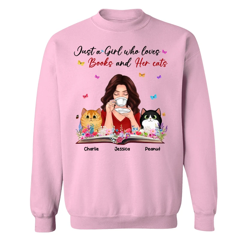 Just A Girl Who Loves Books And Her Cat Coffee Girl With Flowers And Peeking Fluffy Cat Personalized Shirt - Image 19