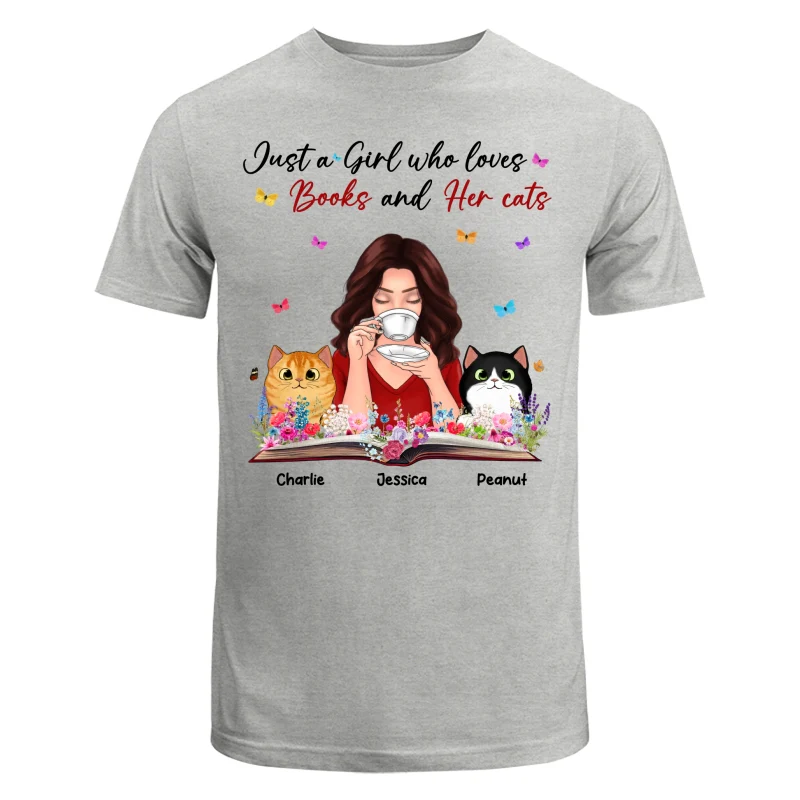 Just A Girl Who Loves Books And Her Cat Coffee Girl With Flowers And Peeking Fluffy Cat Personalized Shirt - Image 6
