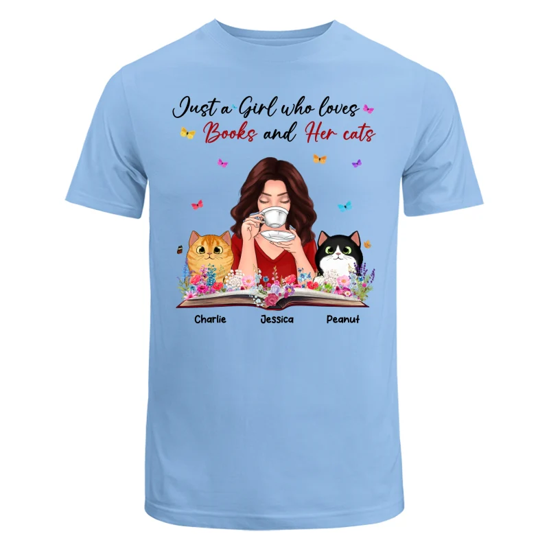 Just A Girl Who Loves Books And Her Cat Coffee Girl With Flowers And Peeking Fluffy Cat Personalized Shirt - Image 8