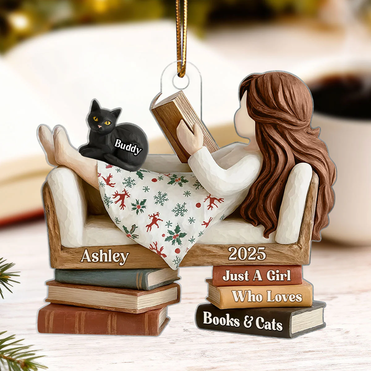 Just a Girl Who Loves Books & Cats - Personalized Acrylic Ornament - Christmas Gift for Cat Moms, Bookworms