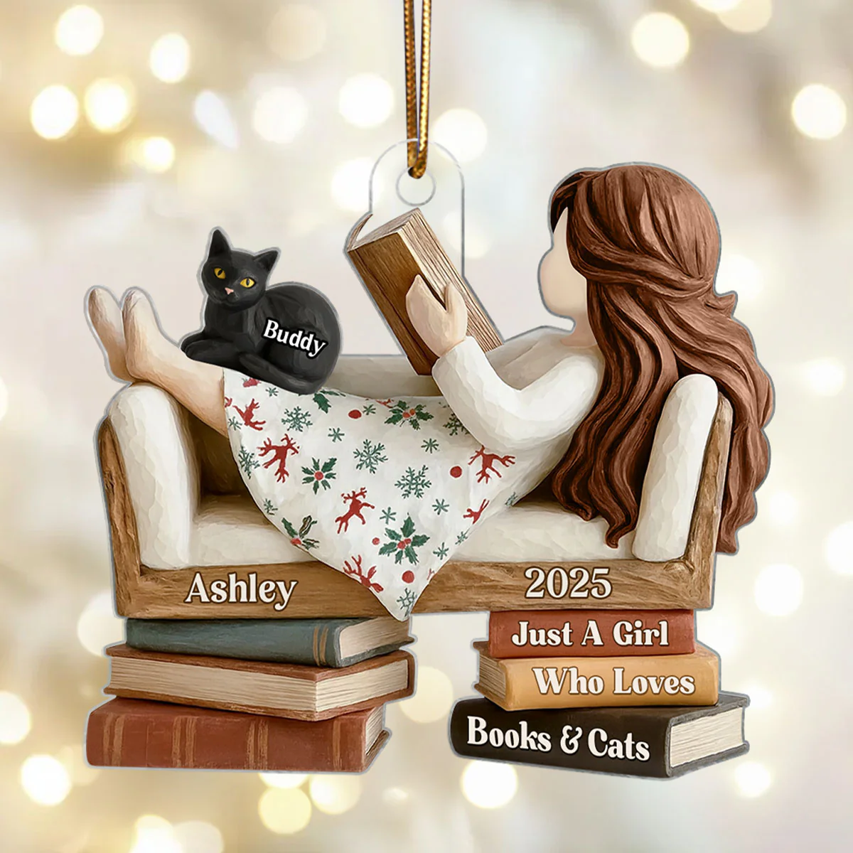 Just a Girl Who Loves Books & Cats - Personalized Acrylic Ornament - Christmas Gift for Cat Moms, Bookworms - Image 3