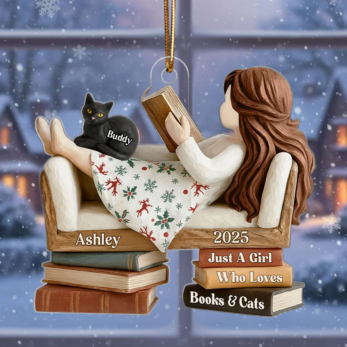 Just a Girl Who Loves Books & Cats - Personalized Acrylic Ornament - Christmas Gift for Cat Moms, Bookworms - Image 5