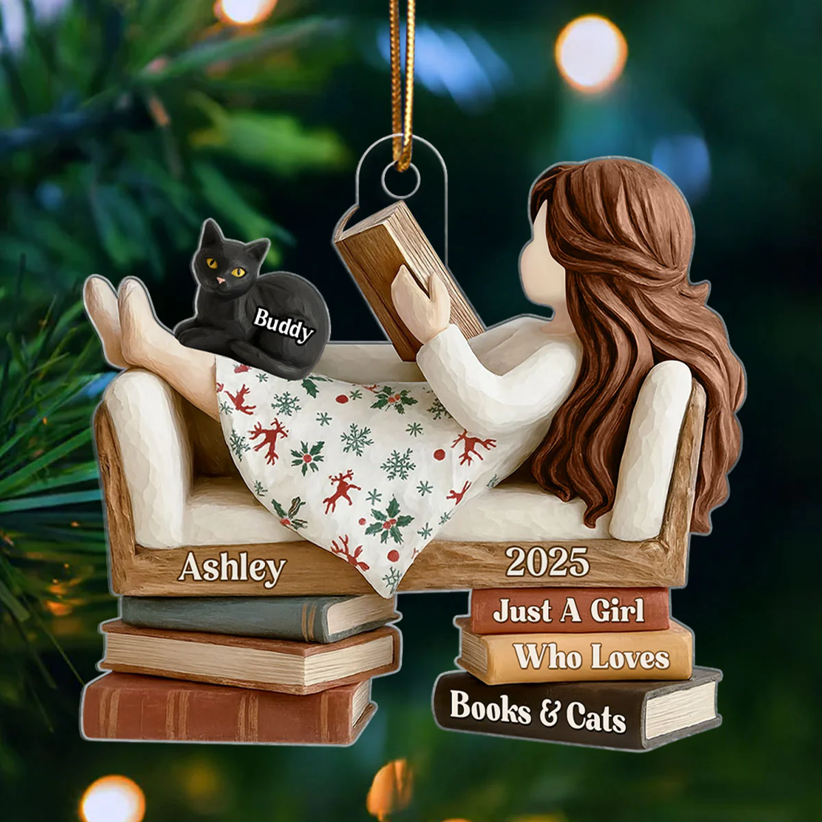 Just a Girl Who Loves Books & Cats - Personalized Acrylic Ornament - Christmas Gift for Cat Moms, Bookworms - Image 6