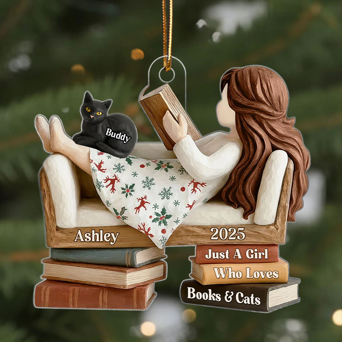 Just a Girl Who Loves Books & Cats - Personalized Acrylic Ornament - Christmas Gift for Cat Moms, Bookworms - Image 7