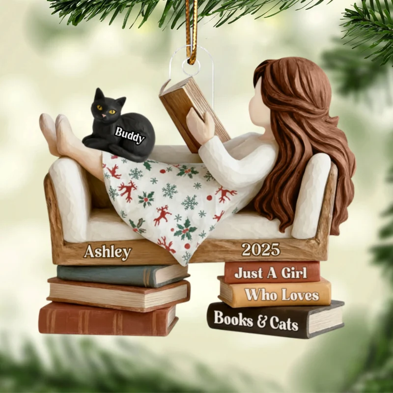 Just a Girl Who Loves Books & Cats - Personalized Acrylic Ornament - Christmas Gift for Cat Moms, Bookworms - Image 9