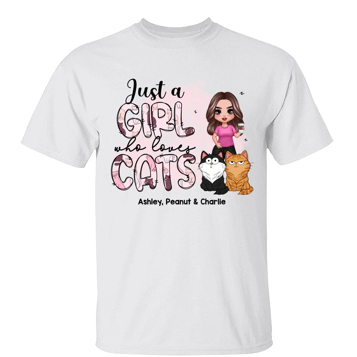 Just A Girl Who Loves Cats Doodle Pattern Funny Cats Expressions Personalized Shirt
