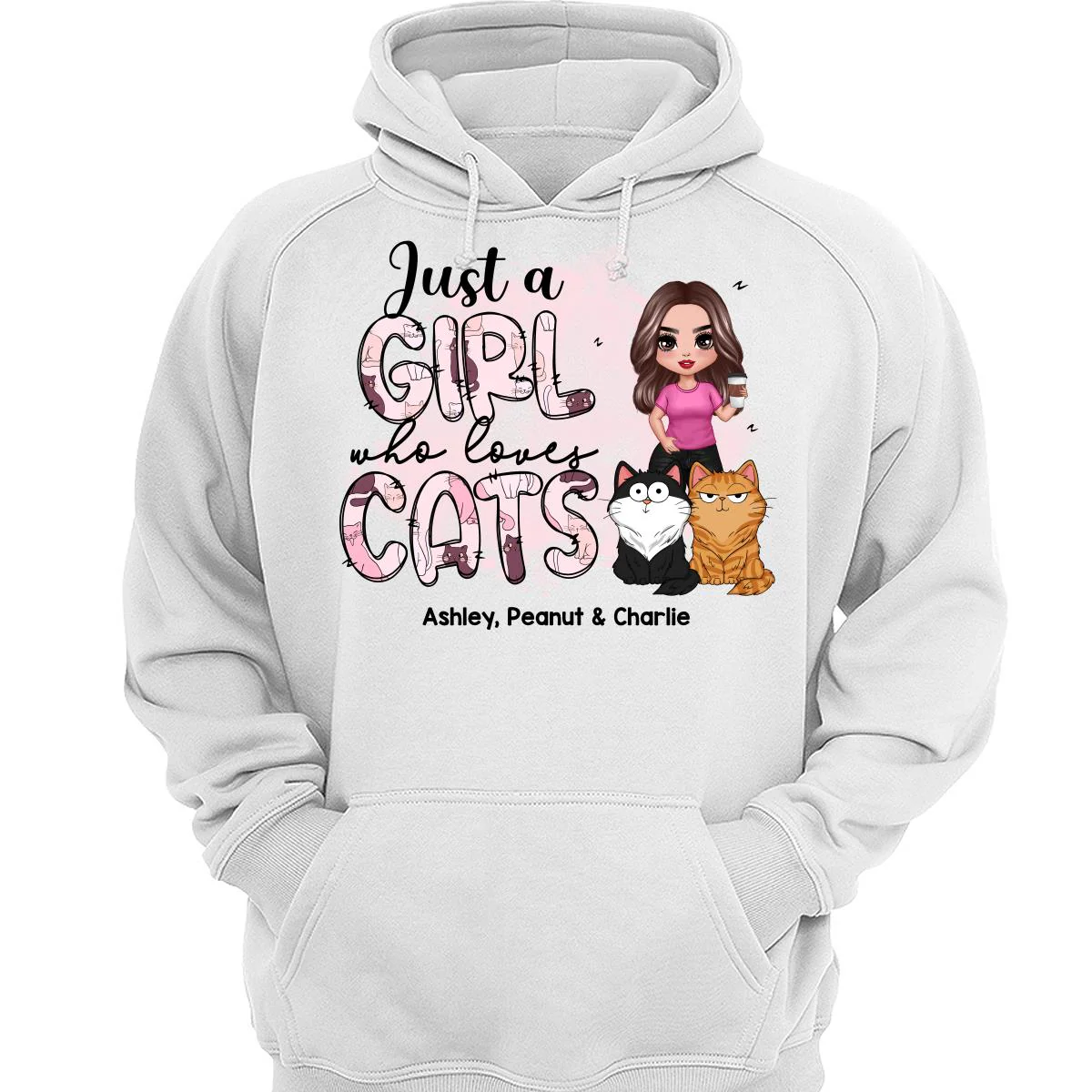 Just A Girl Who Loves Cats Doodle Pattern Funny Cats Expressions Personalized Shirt - Image 3