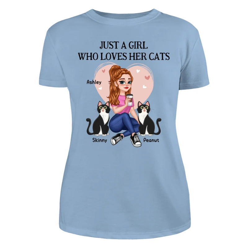 Just A Girl Who Loves Cats Pretty Cartoon Girl Sitting With Cats Personalized Shirt - Image 12