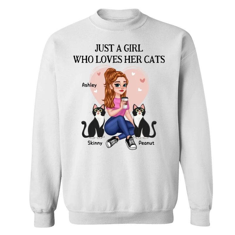 Just A Girl Who Loves Cats Pretty Cartoon Girl Sitting With Cats Personalized Shirt - Image 17