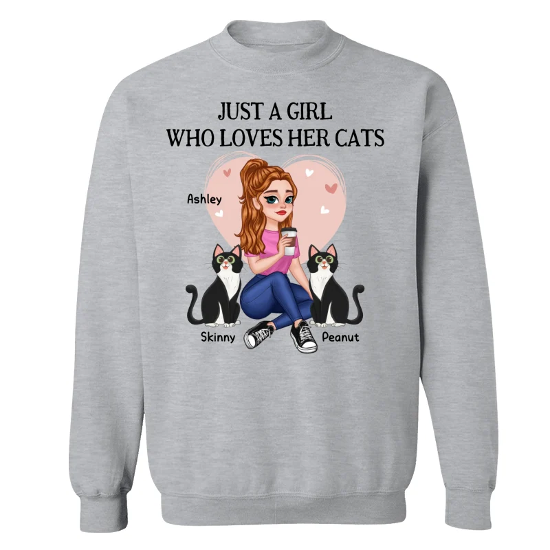 Just A Girl Who Loves Cats Pretty Cartoon Girl Sitting With Cats Personalized Shirt - Image 18