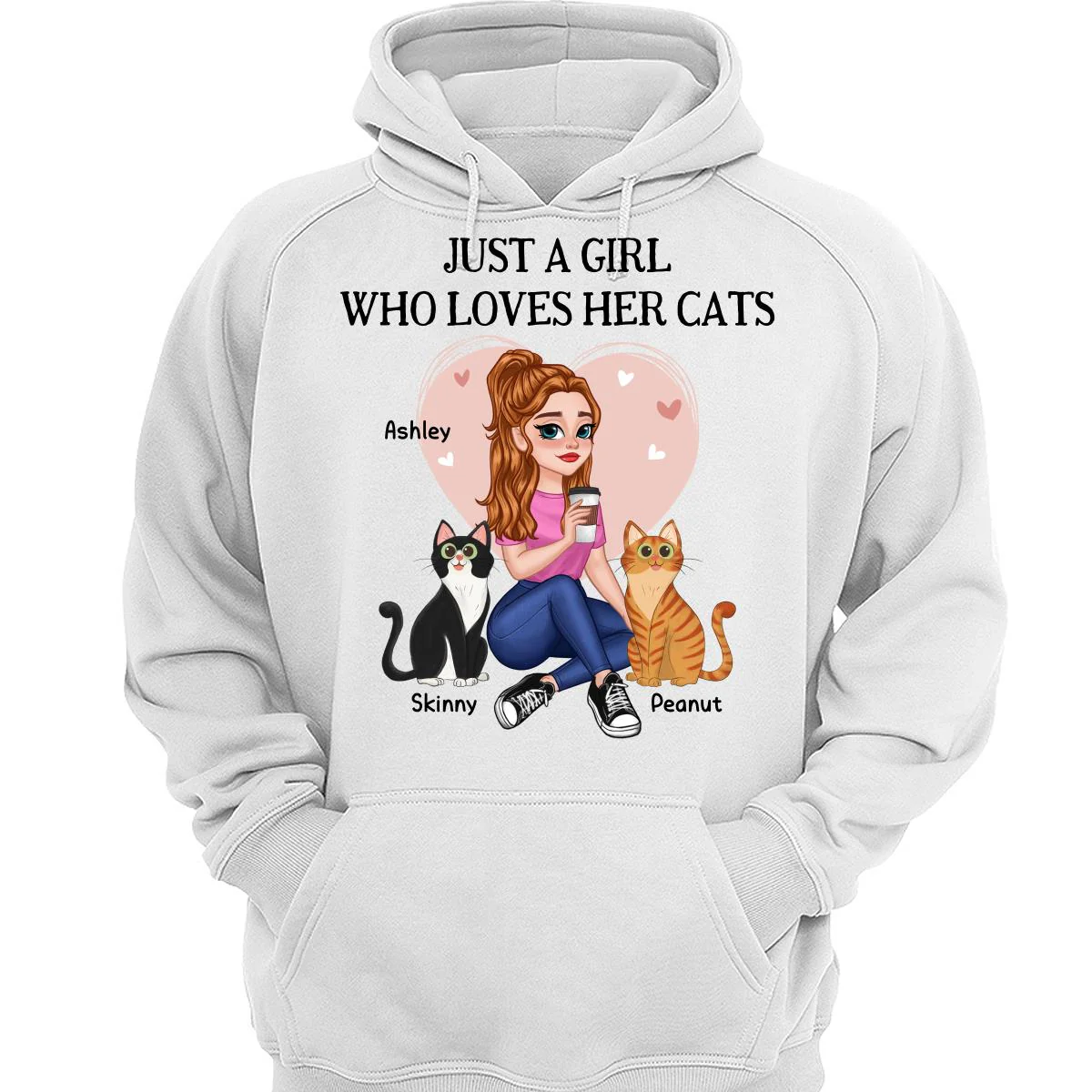 Just A Girl Who Loves Cats Pretty Cartoon Girl Sitting With Cats Personalized Shirt - Image 3
